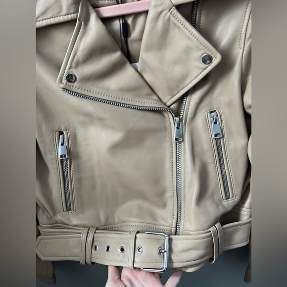 New REISS Tyler Leather Biker Jacket in Neutral Size 6 - Picture 9 of 11